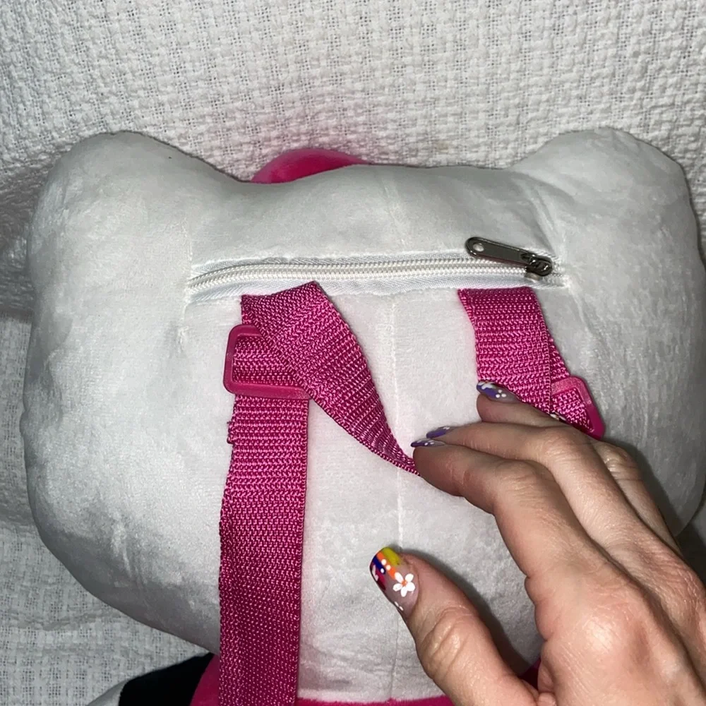 Nwot Hello Kitty Soft Plush Backpack Web Straps Pink White Zip Pocket - Picture 8 of 12